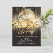 Lets Party Black Gold New Year Eve 2026 Invitation Kaart (Staand voorkant)
