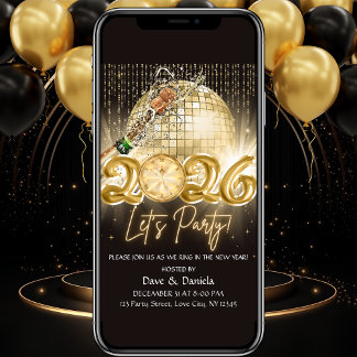 Lets Party Black Gold New Year Eve 2026 Invitation Kaart