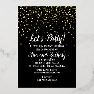 Let's Party Gouden Confetti op Zwarte Achtergrond Folie Uitnodiging