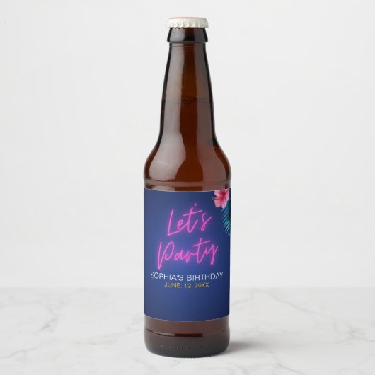 Let's Party Neon Electric Pink Fun Birthday Bier Etiket (Voorkant)