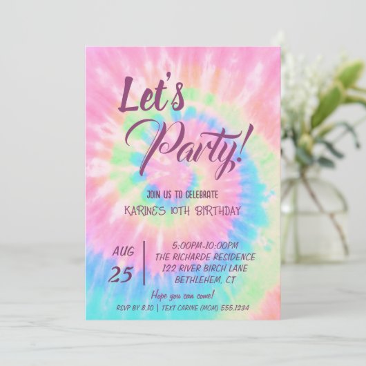 Let's Party, Pink Tie Dye birthday Kaart (Staand voorkant)