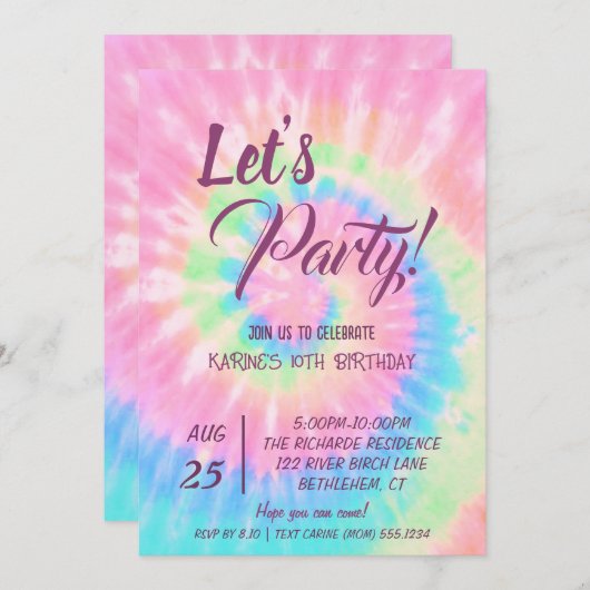 Let's Party, Pink Tie Dye birthday Kaart (Voorkant / Achterkant)