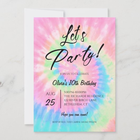 Let's Party, Pink Tie Dye birthday party Kaart (Voorkant)