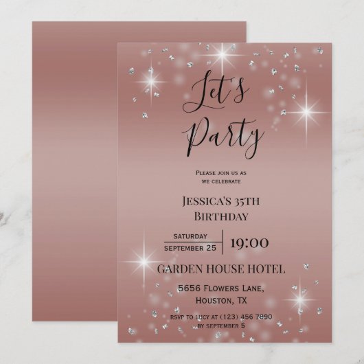 Let's Party Roos Gold Glitter & Sparkles Verjaarda Kaart (Voorkant / Achterkant)