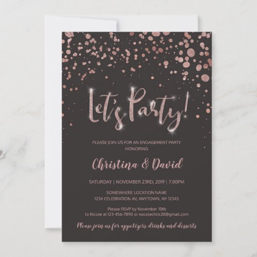"Let's Party" Roos Goudgrijs Elegant Verloving Kaart (Voorkant)