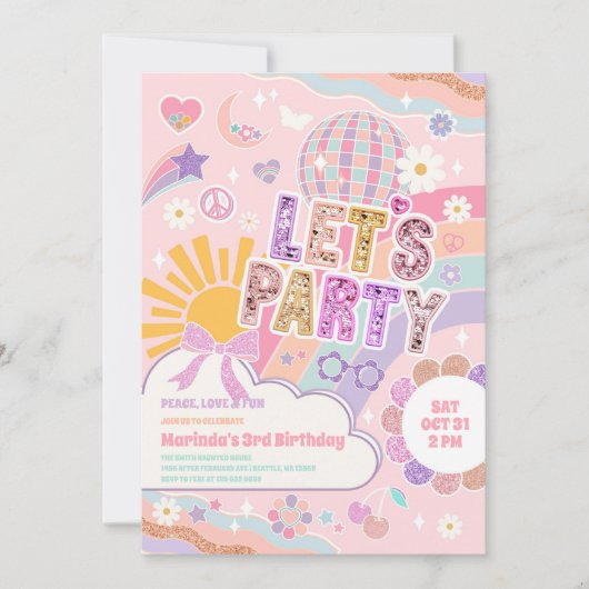 Lets Party Sun Rainbow Disco Birthday Invitation Kaart (Voorkant)