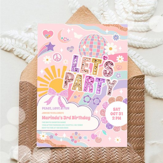 Lets Party Sun Rainbow Disco Birthday Invitation Kaart