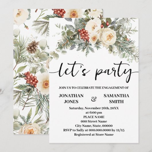 Let's Party Winter White Flowers Engagement Kaart (Voorkant / Achterkant)