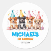 Lets Paw-ty Puppy Hond Verjaardagsfeest Ronde Sticker (Voorkant)
