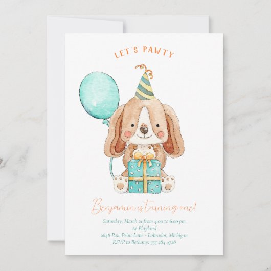 Lets Paw-ty Puppy Hond Verjaardagsfeestuitnodiging Kaart (Voorkant)