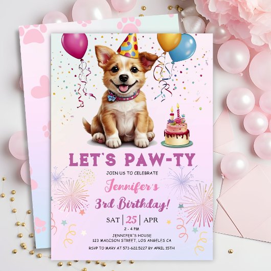 Lets Pawty 3e Verjaardag Hond Puppy Meisje Feest Kaart