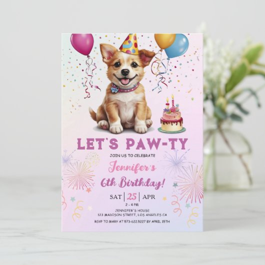 Lets Pawty 6th Verjaardag Hond Puppy Meisje Feest Kaart (Staand voorkant)