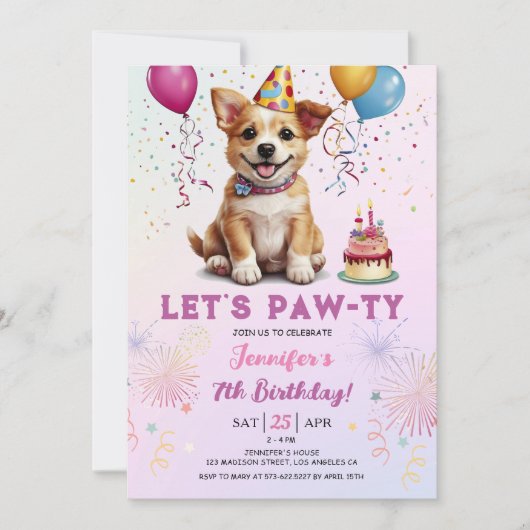 Lets pawty 7e verjaardag hond puppy meisje feest kaart (Voorkant)