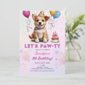 Lets pawty 7e verjaardag hond puppy meisje feest kaart (Staand voorkant)