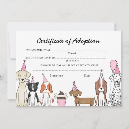 Lets Pawty Adoptie Certificaat Hond verjaardagskaa Bedankkaart (Voorkant)