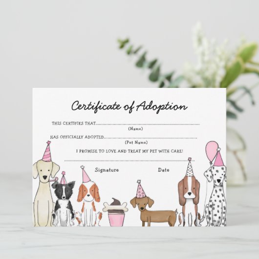 Lets Pawty Adoptie Certificaat Hond verjaardagskaa Bedankkaart (Staand voorkant)