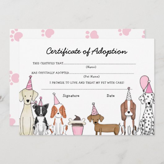 Lets Pawty Adoptie Certificaat Hond verjaardagskaa Bedankkaart (Voorkant / Achterkant)
