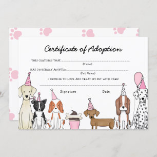 Lets Pawty Adoptie Certificaat Hond verjaardagskaa Bedankkaart