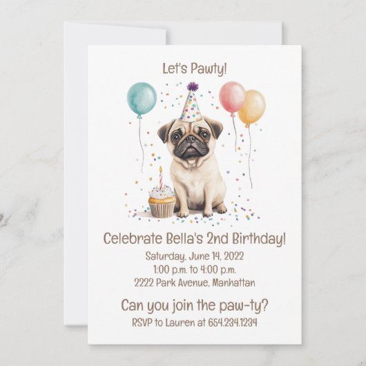Let's Pawty Birthday Pug Dogs Cupcake Kaart (Voorkant)