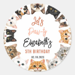 Let's Pawty Cat 5th Birthday | Custom Birthday Kid Ronde Sticker