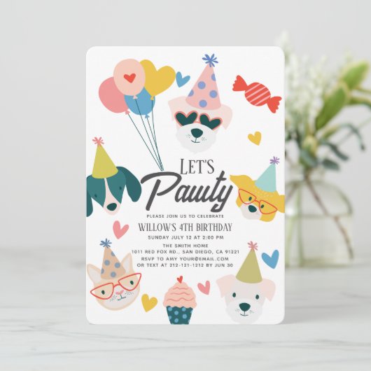 Let's Pawty Dogs & Cat Balloons Verjaardag Kaart (Staand voorkant)