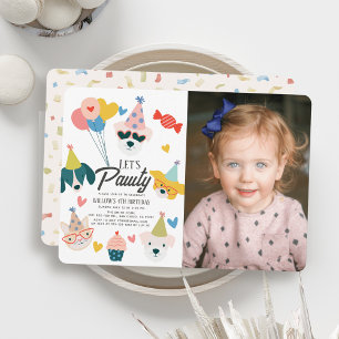 Let's Pawty Dogs & Cat Balloons Verjaardagsfoto Kaart