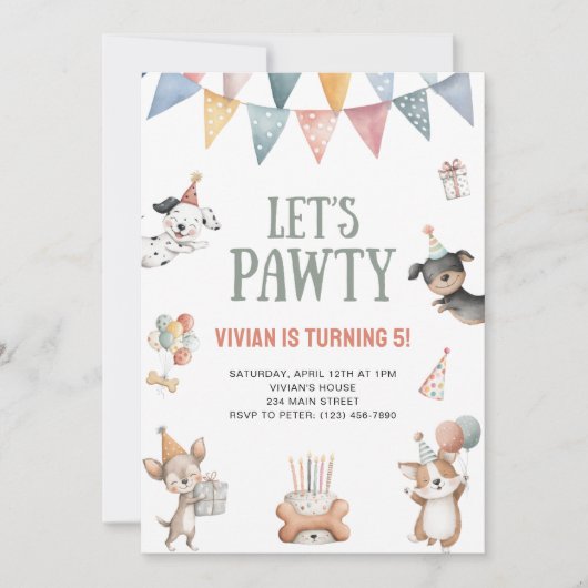 Let's Pawty Funny Dog Birthday Party Kaart (Voorkant)