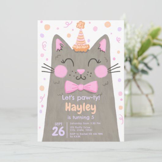 Lets Pawty Grey Schattigee Kitty Cat Face Verjaard Kaart (Staand voorkant)