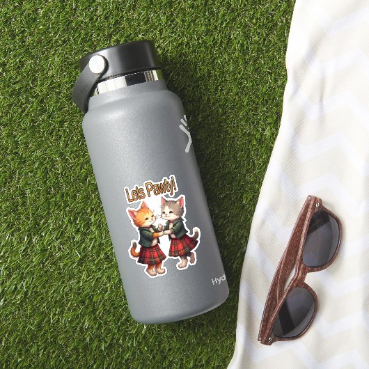 Lets Pawty Orange Cats Dancing Ceilidh Celebration Sticker (HydroFlask Insitu)