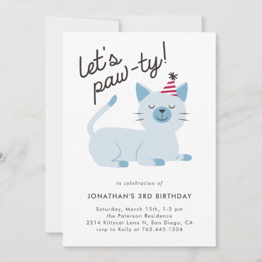 Lets Pawty Schattige Kitty Cat Blauw Verjaardagsfe Kaart (Voorkant)