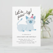 Lets Pawty Schattige Kitty Cat Blauw Verjaardagsfe Kaart (Staand voorkant)
