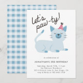 Lets Pawty Schattige Kitty Cat Blauw Verjaardagsfe Kaart (Voorkant / Achterkant)