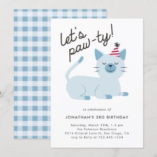 Lets Pawty Schattige Kitty Cat Blauw Verjaardagsfe Kaart