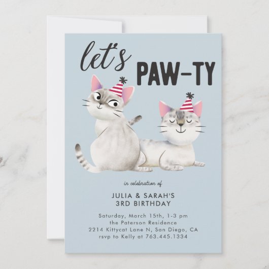 Lets Pawty Twins Joint Cat Thema Verjaardagsfeest Kaart (Voorkant)