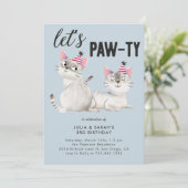 Lets Pawty Twins Joint Cat Thema Verjaardagsfeest Kaart (Staand voorkant)