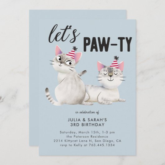 Lets Pawty Twins Joint Cat Thema Verjaardagsfeest Kaart (Voorkant / Achterkant)
