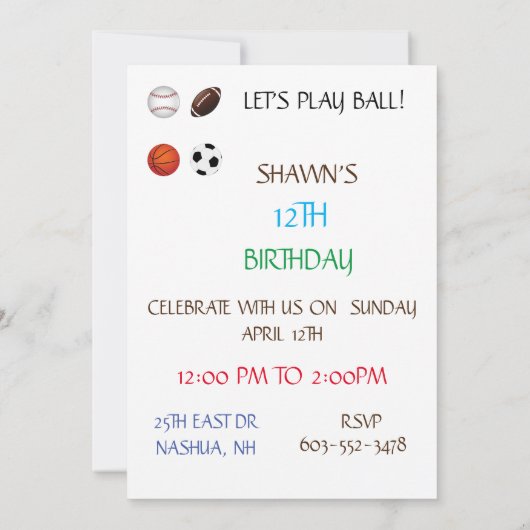 "LET'S PLAYBALL" KIDS BIRTHDAY-INVITATIES KAART (Achterkant)