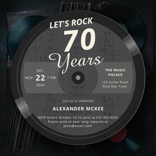 Let's Rock 70 jaar  muziek Note LP Verjaardag Kaart