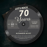 Let's Rock 70 jaar  platenlabel Verjaardag Kaart<br><div class="desc">Een elegante, muzikale, leuke verjaardagsfeestuitnodiging sjabloon in de vorm van een vinylplaat, met een getextureerde zwart-grijze achtergrond en de titel "Let's Rock 70 Years". U kunt deze sjabloon volledig bewerken. Een perfecte verjaardagsfeestuitnodiging voor een man dat houdt van rock, muziek en gitaren, op zijn 70ste verjaardag! Pap, man, opa... ...</div>