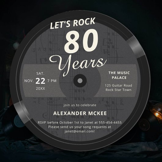 Let's Rock 80 Jaar  LP Muziek 80e Verjaardag Kaart