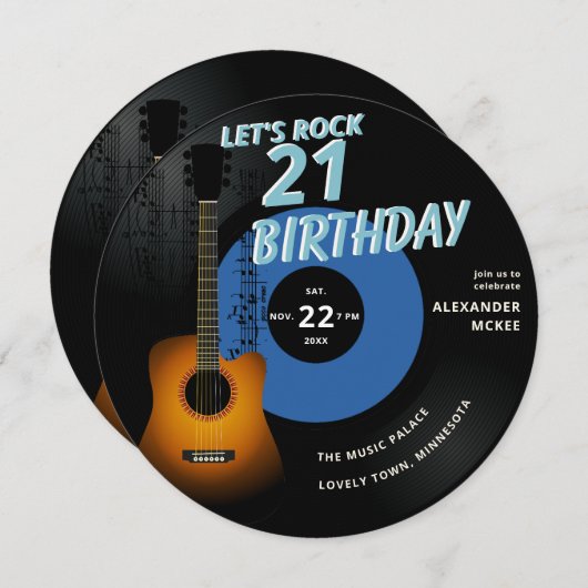 Let's Rock Guitar Muzieknoten Blauw 21ste Verjaard Kaart (Voorkant / Achterkant)