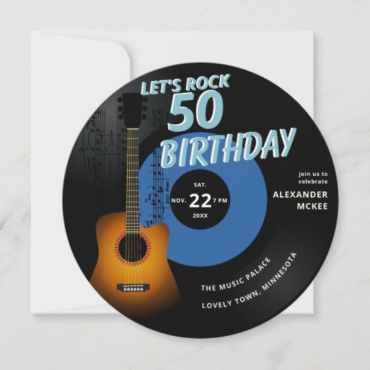 Let's Rock Guitar Muzieknoten Blauw 50ste Verjaard Kaart (Voorkant)