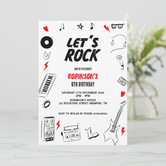 Let's Rock wit en zwart Rock and Roll verjaardag Kaart (Staand voorkant)