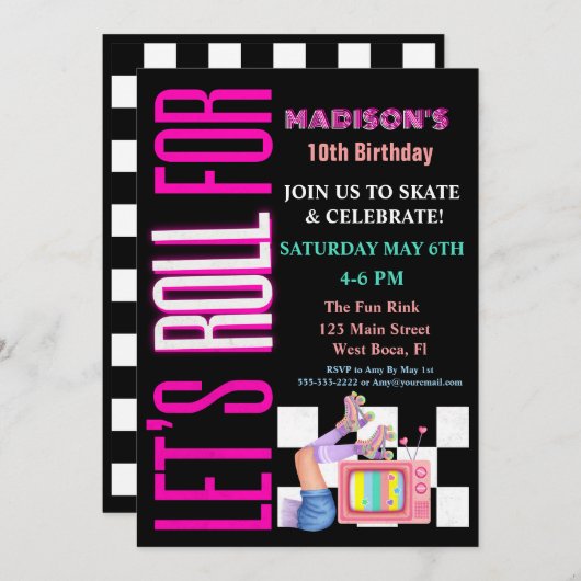 Let's Roll For, Roller Skate Glow Feest Kaart (Voorkant / Achterkant)