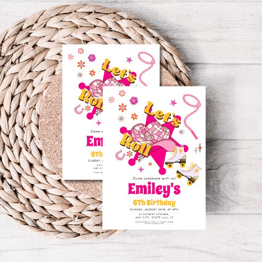 Let's Roll Girl Cowgirl roller skate Birthday Kaart