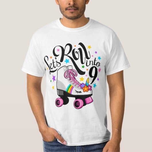 Lets roll into 9 Birthday. Unicorn, Roller skate T-shirt (Voorkant)