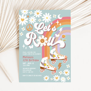 Let's Roll Retro Groovy Blue Roller Schaats Verjaa Kaart