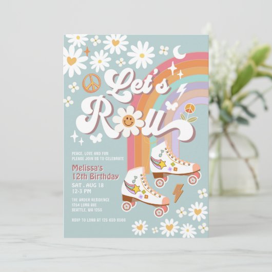 Let's Roll Retro Groovy Blue Roller Schaats Verjaa Kaart (Staand voorkant)