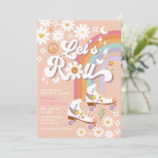 Lets Roll Retro Groovy Roller Schaats Daisy Verjaa Kaart (Staand voorkant)