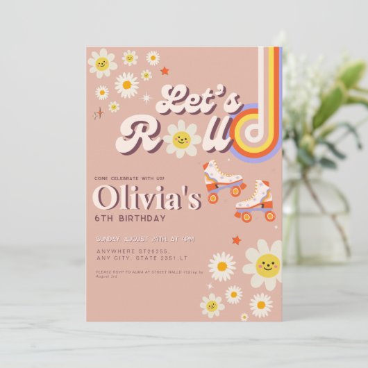 Let's Roll Retro Groovy Roller Schaats Verjaardag Kaart (Staand voorkant)